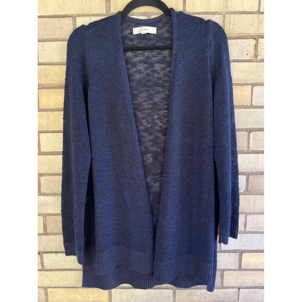 Loft Navy Blue Open Front Cardigan Linen Silk Blend Sweater Size Large